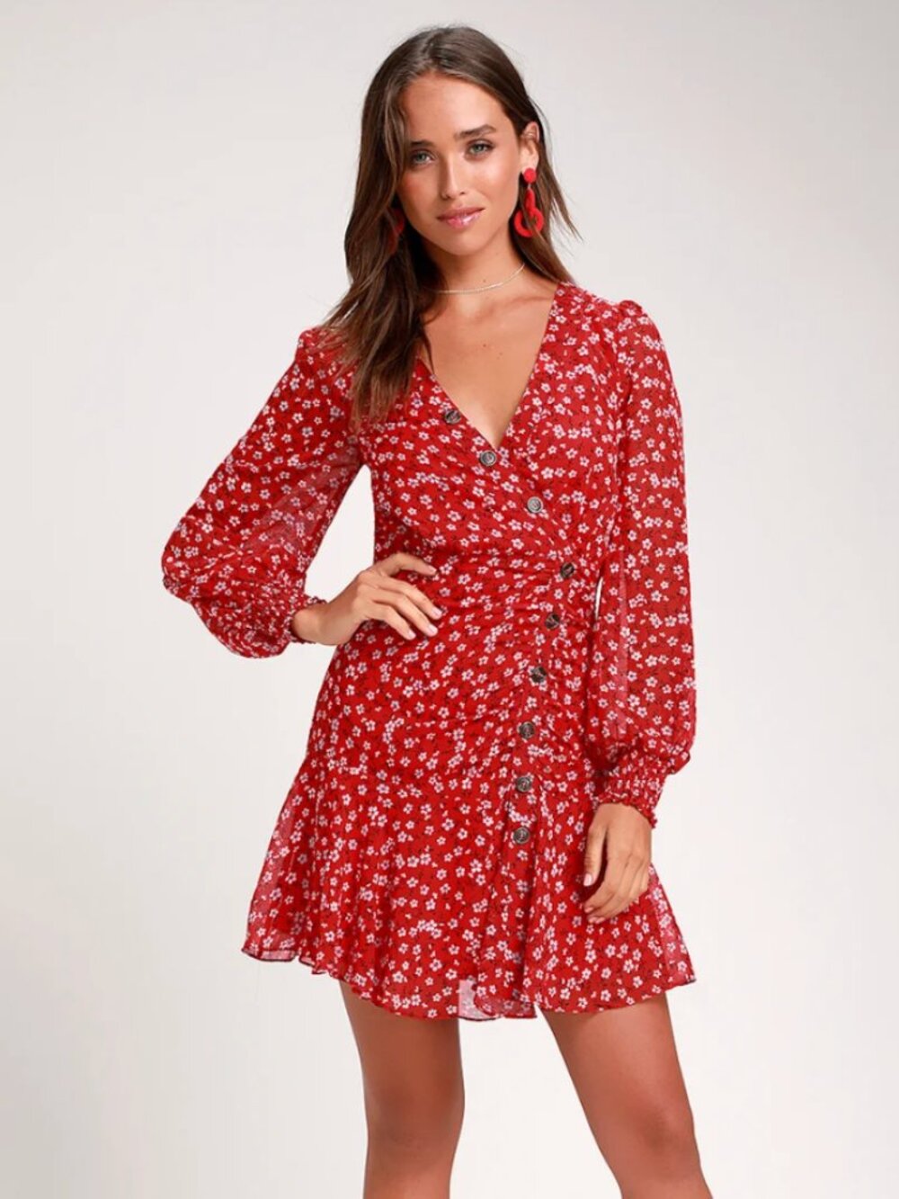 Lulus Dianella Red Floral Print Long Sleeve Mini Dress Small